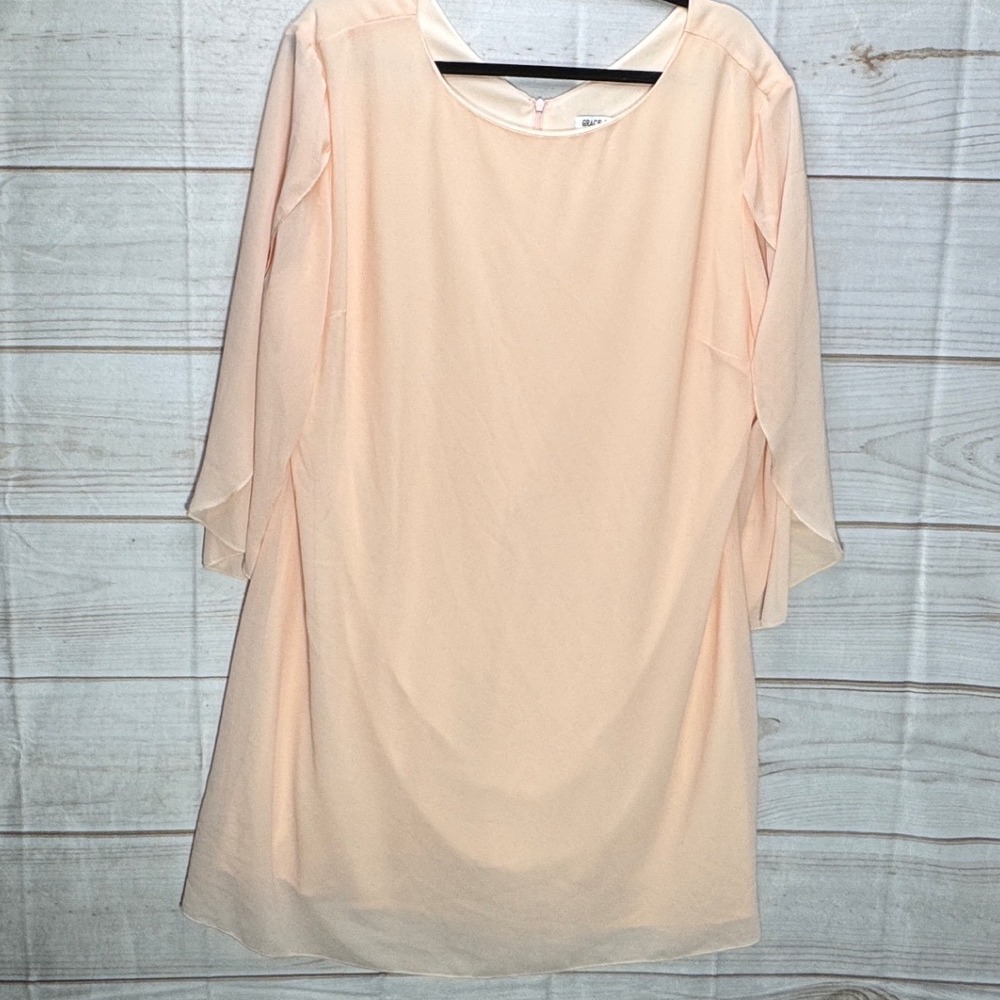 Grace Karin Peach Chiffon Shift Dress Split Cape Sleeve XXL Cocktail Party